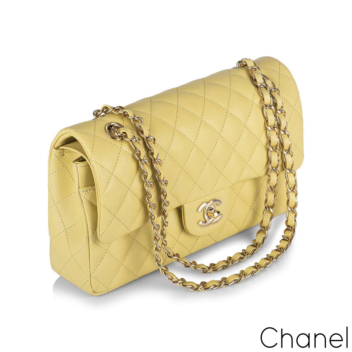 CHANEL Small Classic Double Flap Bag Light Yellow Caviar - Bellisa